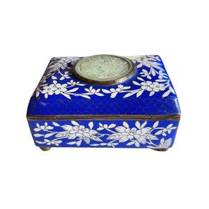 Chinese Cloisonné Dresser Box w/White Jade Insert  4X3X2